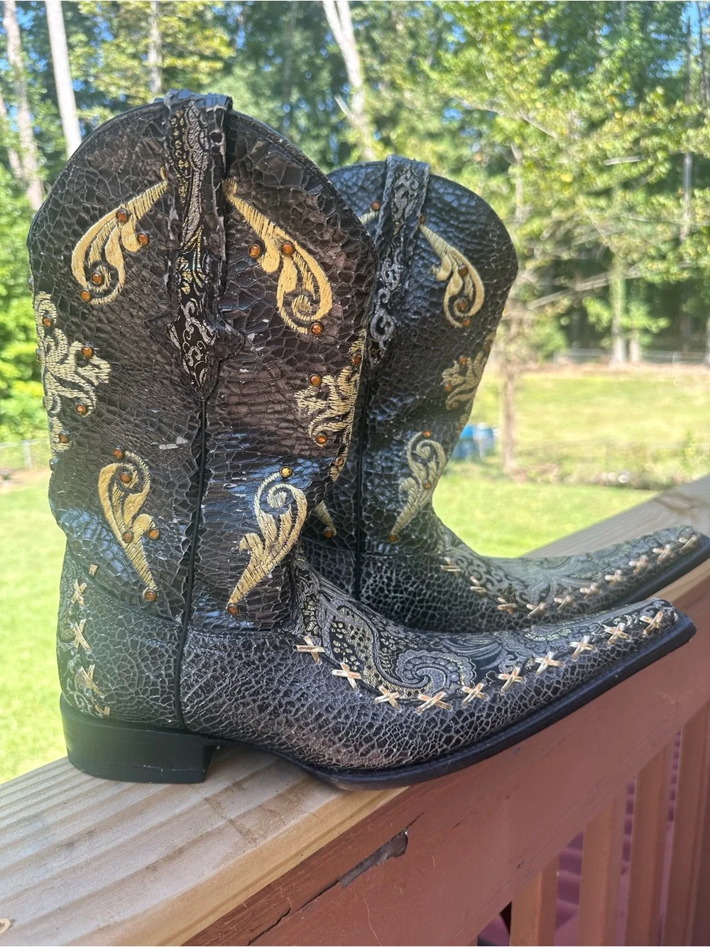 Black Embossed Leather Western Cowboy Boots with Gold Stitching